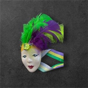 Vintage Green and Purple Feathered Mask Brooch